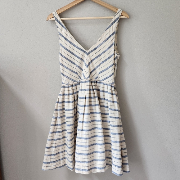 J. Crew | Women's Cream Fit and Flair Dress With Blue Stipes - Picture 2 of 9